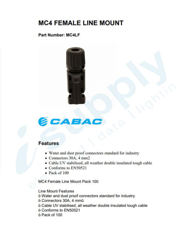CABAC 100 x MC4 FEMALE LINE MOUNT MC4LF - Image 2