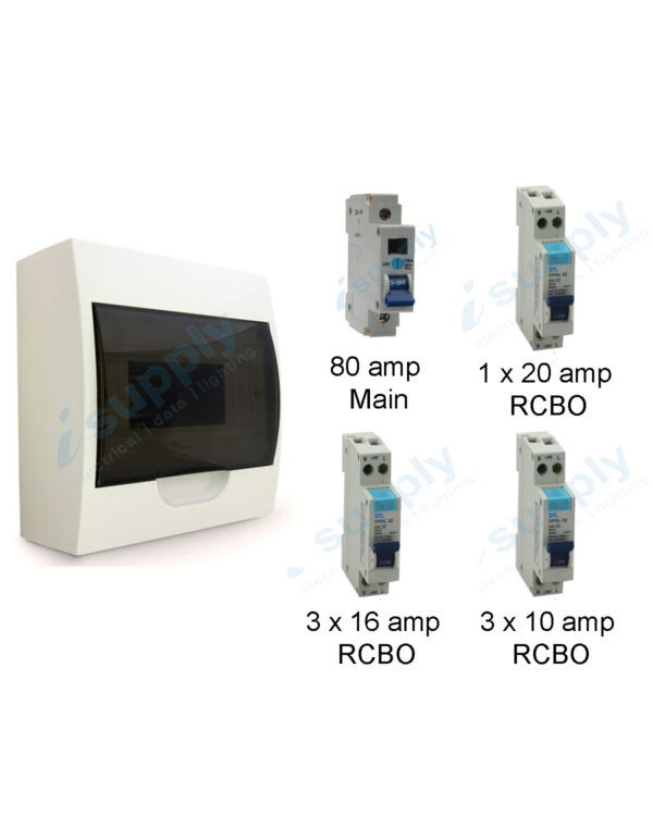 COMPLETE SURFACE MOUNTED DISTRIBUTION 8 POLE BOARD COMPLETE  RCBO
