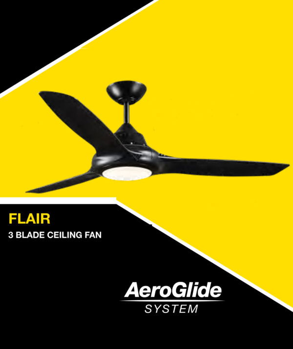 FANTECH Flair ceiling fan 58" black 3 blade with self ventilation motor & LED light FLR58BK-LED
