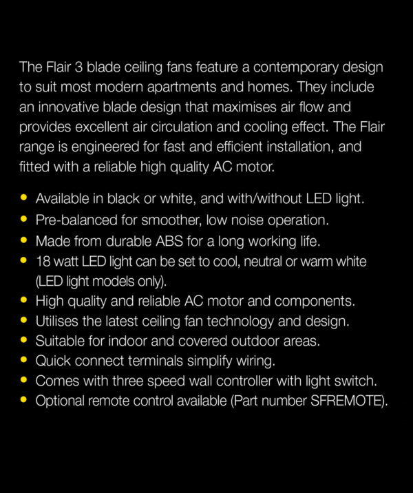 FANTECH Flair ceiling fan 50" black 3 blade with self ventilating motor FLR50BK - Image 3