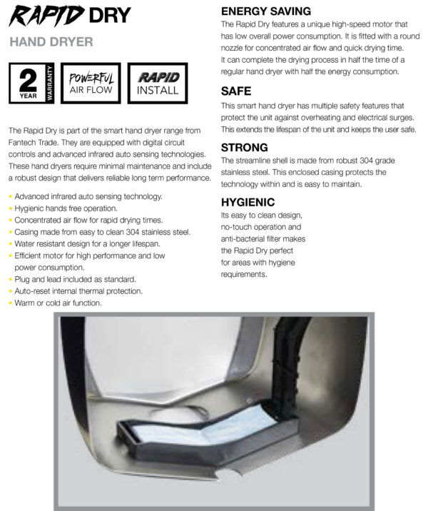 FANTECH HAND DRYER STAINLESS STEEL AC MTR RAPDRY-SS - Image 2