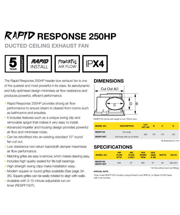 FANTECH Rapid Response 250HP ceiling mounted header box fan with timer to suit 10" hole RESPF150T - Image 2