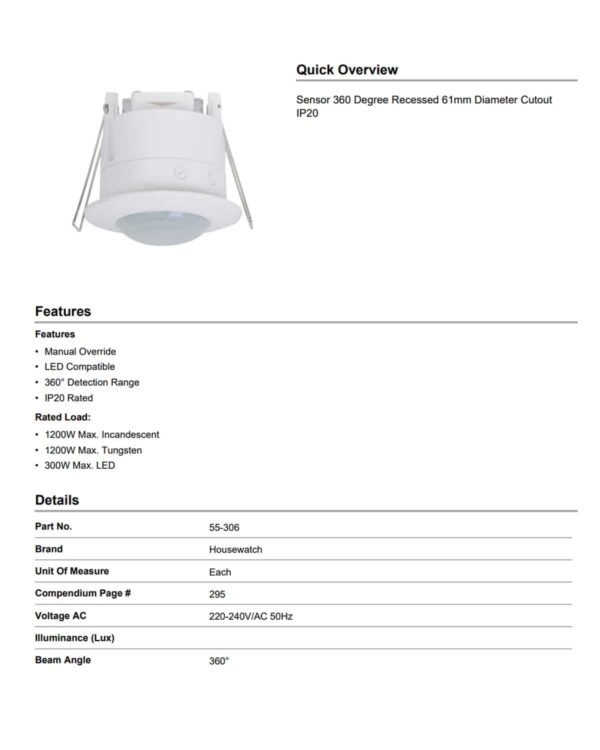 HOUSEWATCH SENSOR 360 DEGREE RESESSED 61MM DIAMETER CUTOUT IP20 55-306 - Image 3