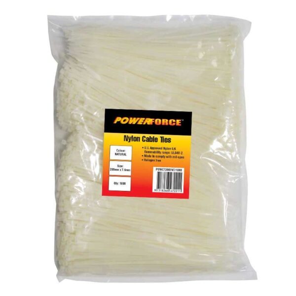 Powerforce Cable Tie Natural 200mm x 7.6mm Pack of 1000 POWCT2007NT/1000